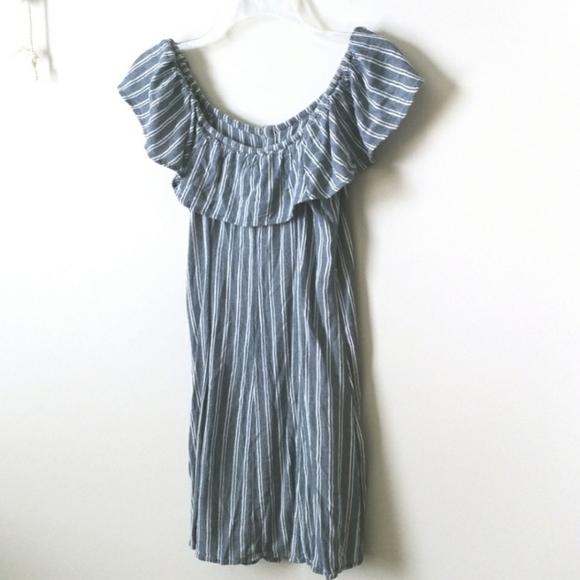 American Eagle Blue & White Pinstripe Off The Shoulder Dress Size Small - Picture 7 of 9